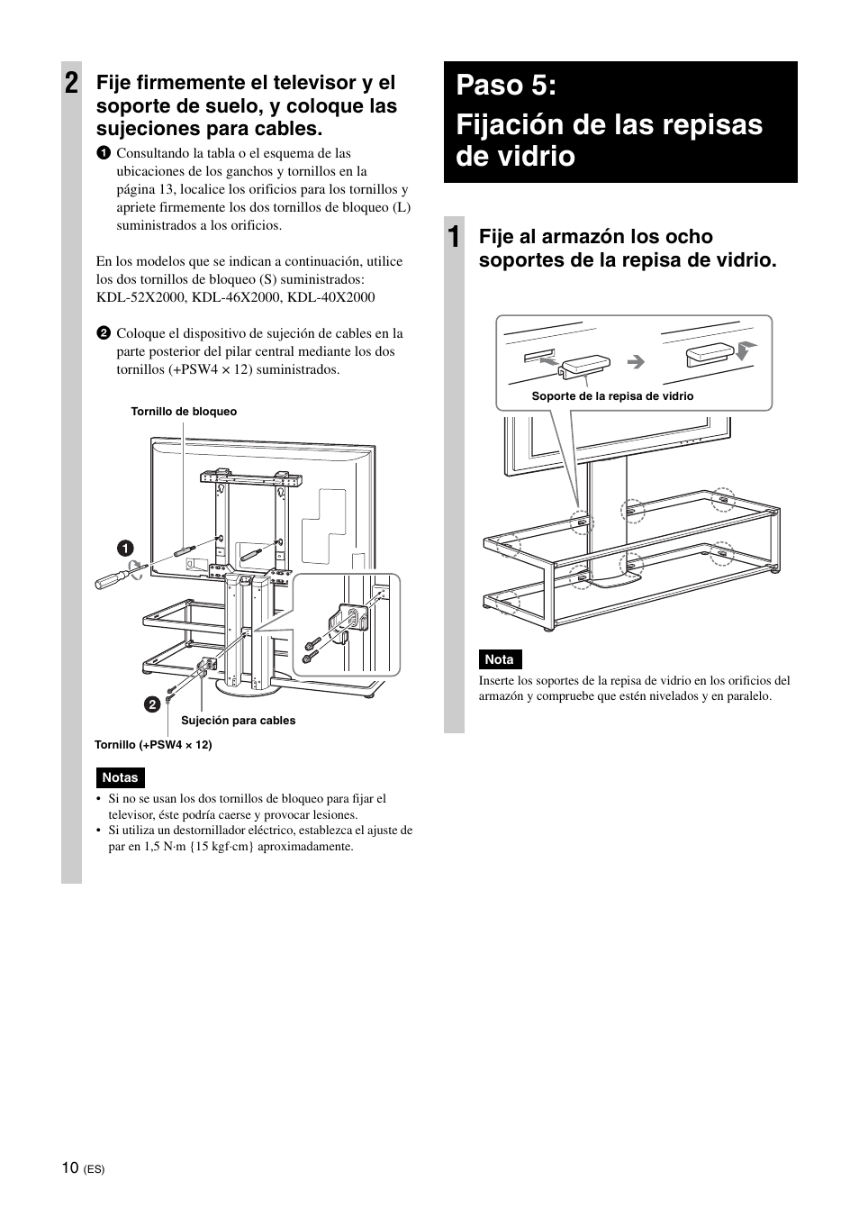 Paso 5:fijación de las repisas de vidrio, Paso 5: fijación de las repisas de vidrio 1 | Sony SU-FL62 User Manual | Page 46 / 100