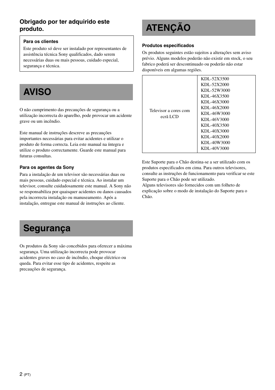 Aviso, Segurança, Atenção | Aviso segurança atenção | Sony SU-FL62 User Manual | Page 50 / 100