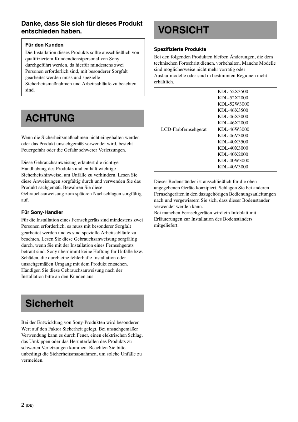 Achtung, Sicherheit, Vorsicht | Achtung sicherheit vorsicht | Sony SU-FL62 User Manual | Page 76 / 100