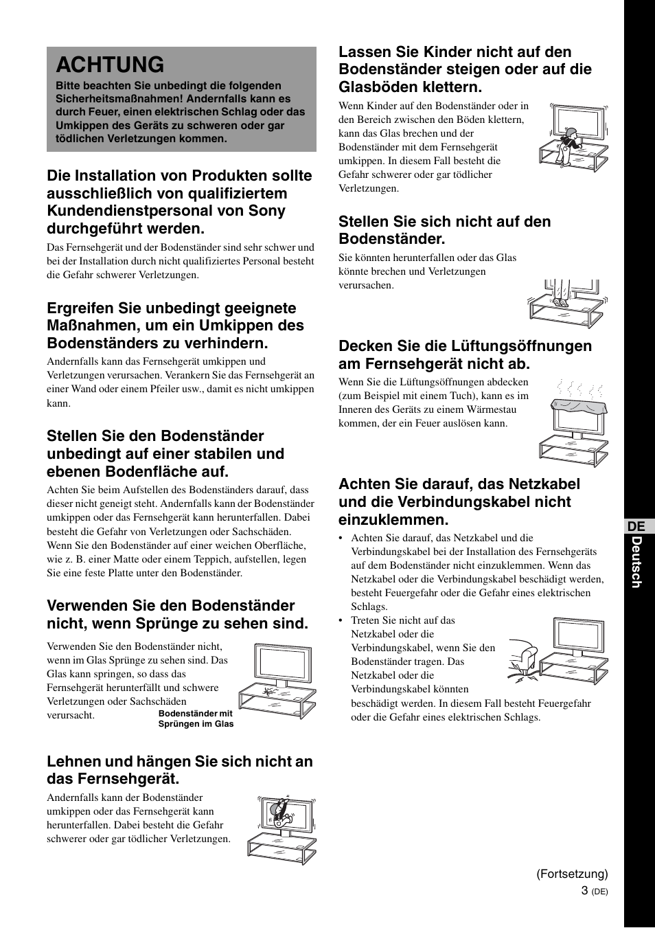 Achtung, Stellen sie sich nicht auf den bodenständer | Sony SU-FL62 User Manual | Page 77 / 100