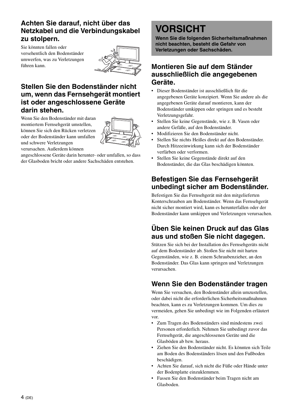 Vorsicht, Wenn sie den bodenständer tragen | Sony SU-FL62 User Manual | Page 78 / 100