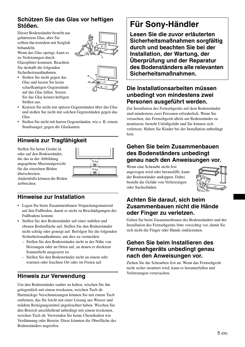 Für sony-händler, Schützen sie das glas vor heftigen stößen, Hinweis zur tragfähigkeit | Hinweise zur installation, Hinweis zur verwendung | Sony SU-FL62 User Manual | Page 79 / 100