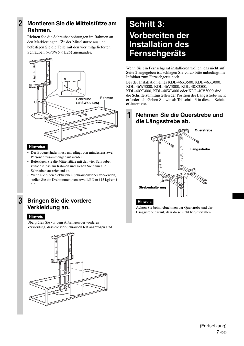 Montieren sie die mittelstütze am rahmen, Bringen sie die vordere verkleidung an, Nehmen sie die querstrebe und die längsstrebe ab | Sony SU-FL62 User Manual | Page 81 / 100