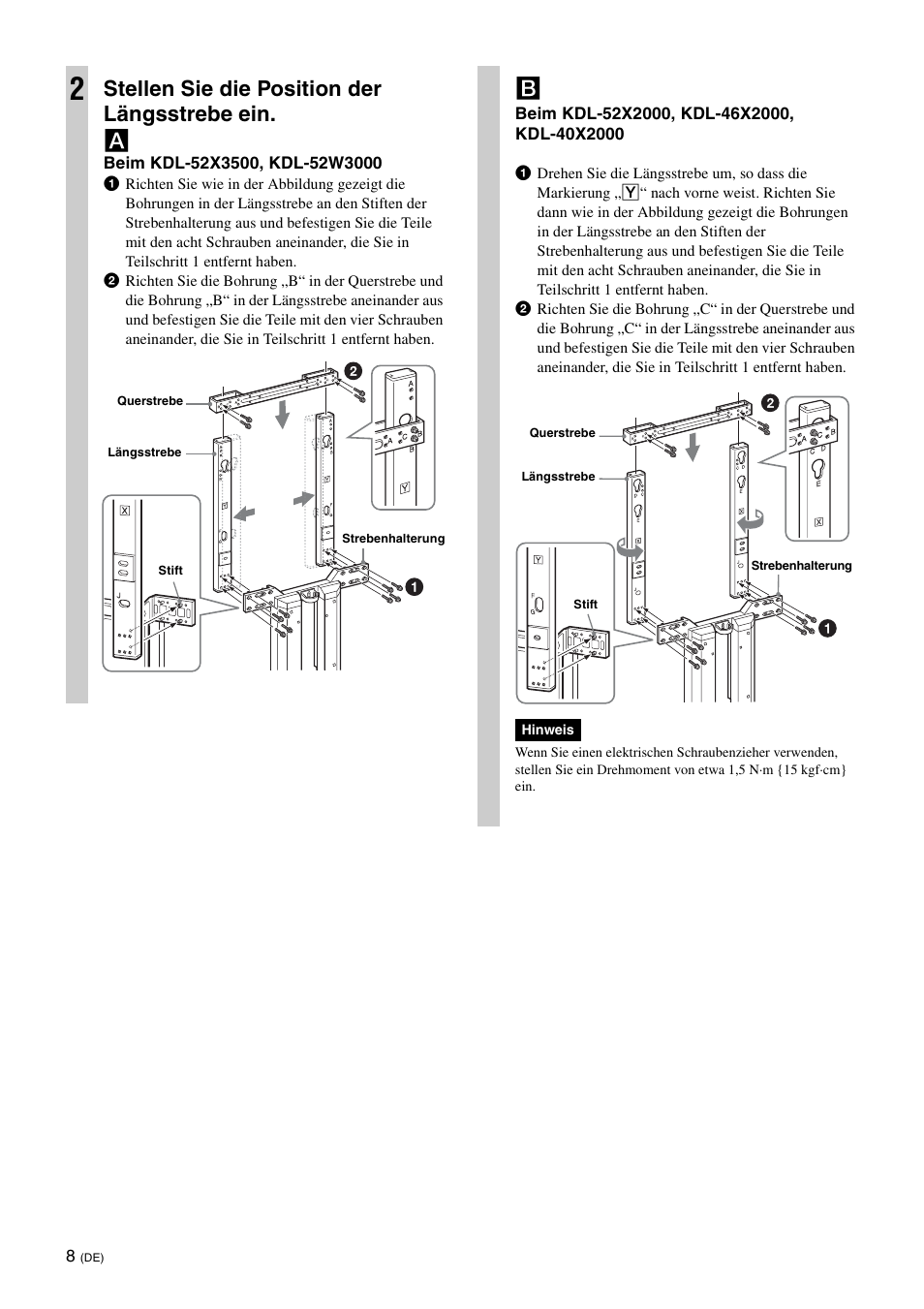 Stellen sie die position der längsstrebe ein. a | Sony SU-FL62 User Manual | Page 82 / 100