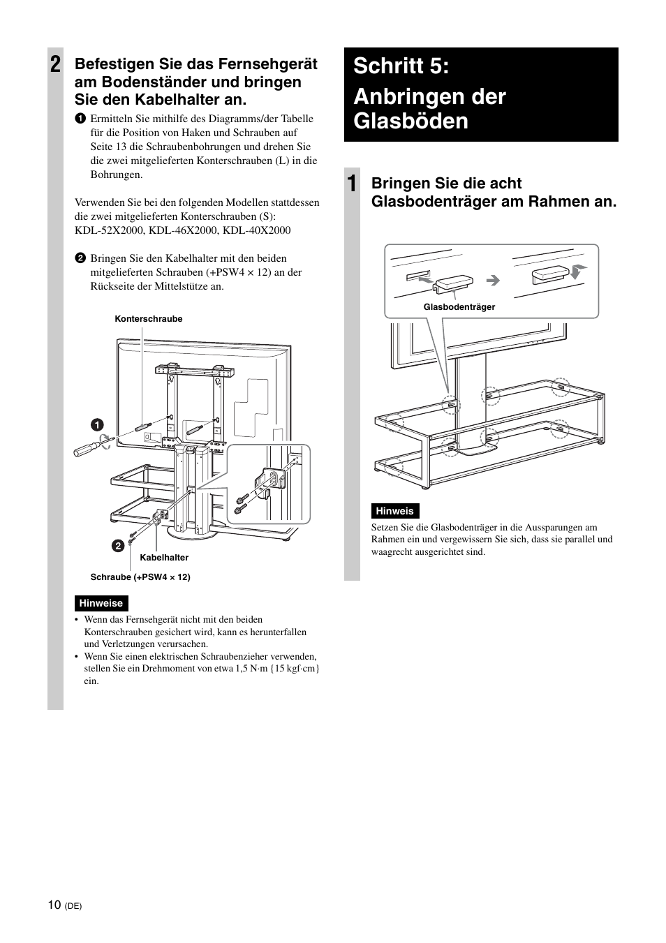 Schritt 5:anbringen der glasböden, Schritt 5: anbringen der glasböden 1, Bringen sie die acht glasbodenträger am rahmen an | Sony SU-FL62 User Manual | Page 84 / 100