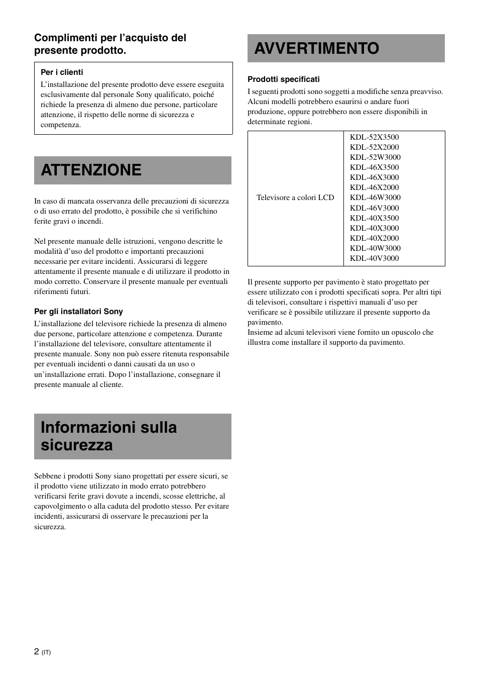 Attenzione, Informazioni sulla sicurezza, Avvertimento | Sony SU-FL62 User Manual | Page 88 / 100