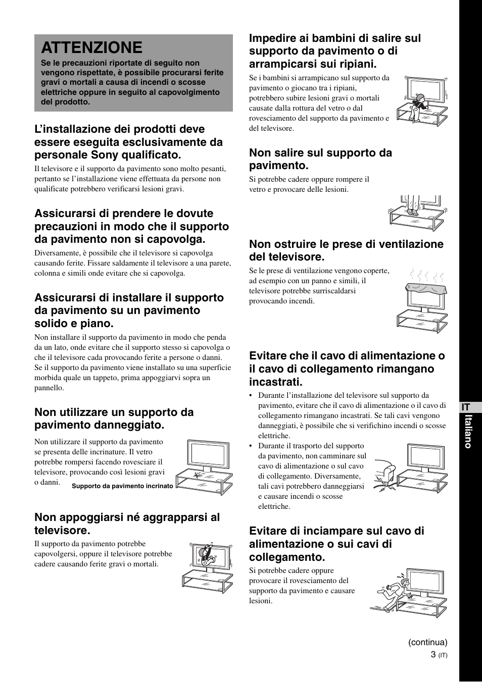 Attenzione, Non salire sul supporto da pavimento | Sony SU-FL62 User Manual | Page 89 / 100