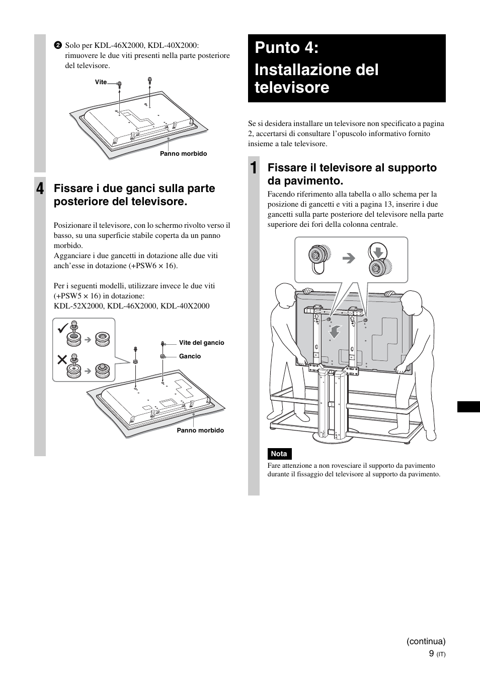 Punto 4:installazione del televisore, Punto 4: installazione del televisore 1, Fissare il televisore al supporto da pavimento | Sony SU-FL62 User Manual | Page 95 / 100