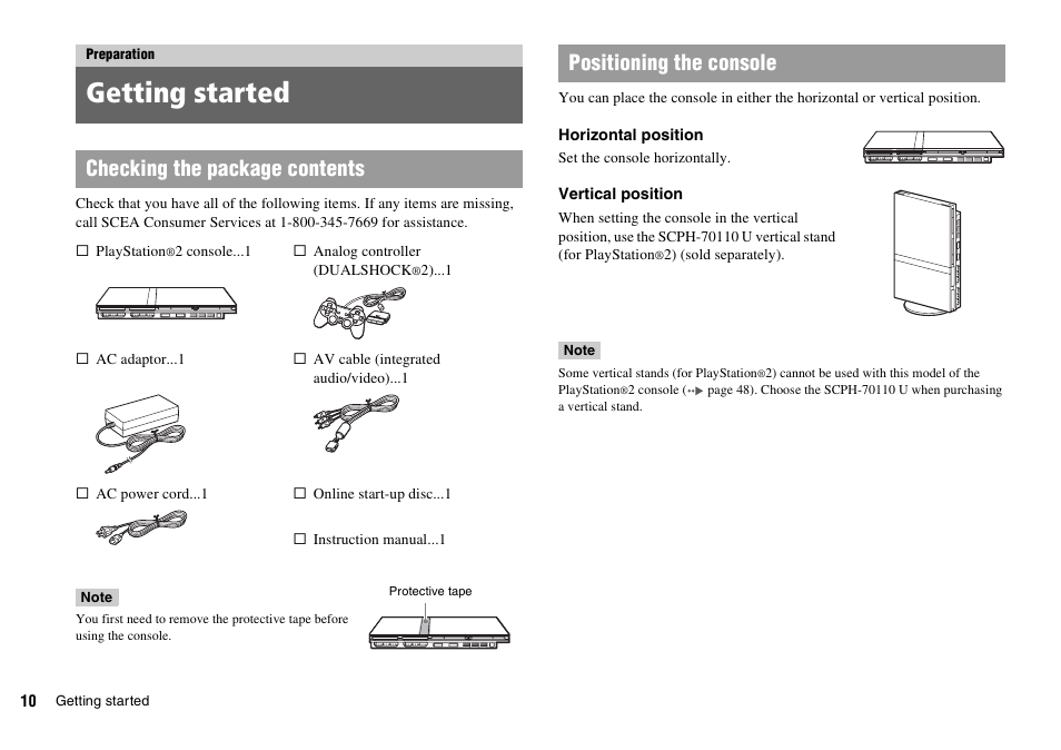 Preparation, Getting started, Checking the package contents | Positioning the console | Sony SCPH-70011 User Manual | Page 10 / 172