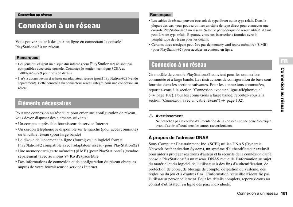 Connexion au réseau, Connexion à un réseau, Éléments nécessaires connexion à un réseau | Sony SCPH-70011 User Manual | Page 101 / 172