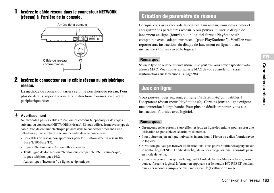 Création de paramètre de réseau jeux en ligne | Sony SCPH-70011 User Manual | Page 103 / 172