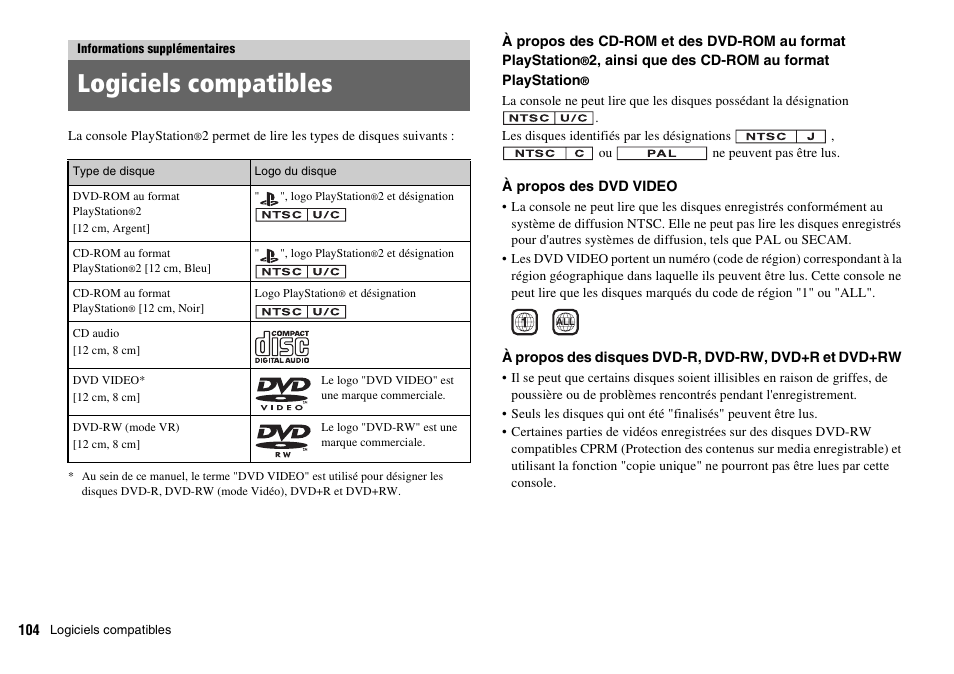 Informations supplémentaires, Logiciels compatibles | Sony SCPH-70011 User Manual | Page 104 / 172