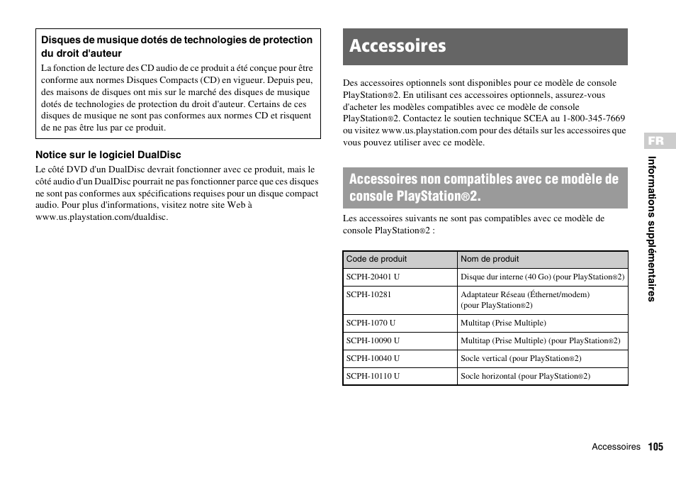 Accessoires | Sony SCPH-70011 User Manual | Page 105 / 172