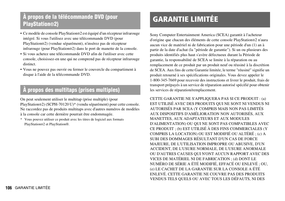 Garantie limitée, À propos de la télécommande dvd (pour playstation, 2) à propos des multitaps (prises multiples) | Sony SCPH-70011 User Manual | Page 106 / 172