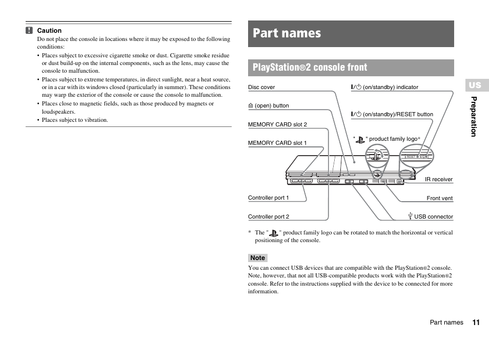 Part names, Playstation, 2 console front | Sony SCPH-70011 User Manual | Page 11 / 172