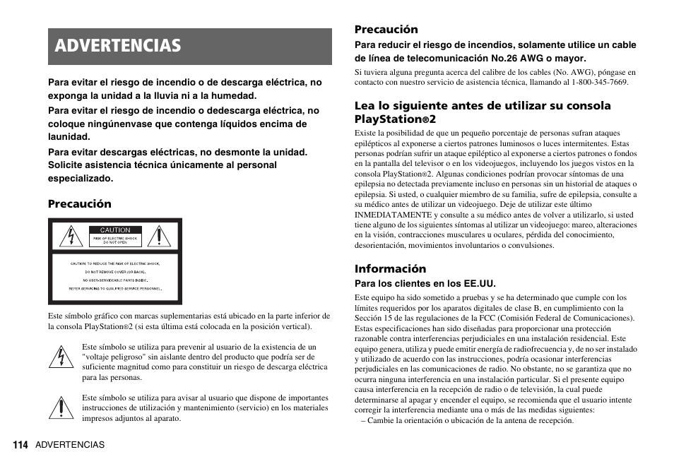 Advertencias | Sony SCPH-70011 User Manual | Page 114 / 172