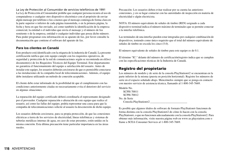 Registro del propietario | Sony SCPH-70011 User Manual | Page 116 / 172