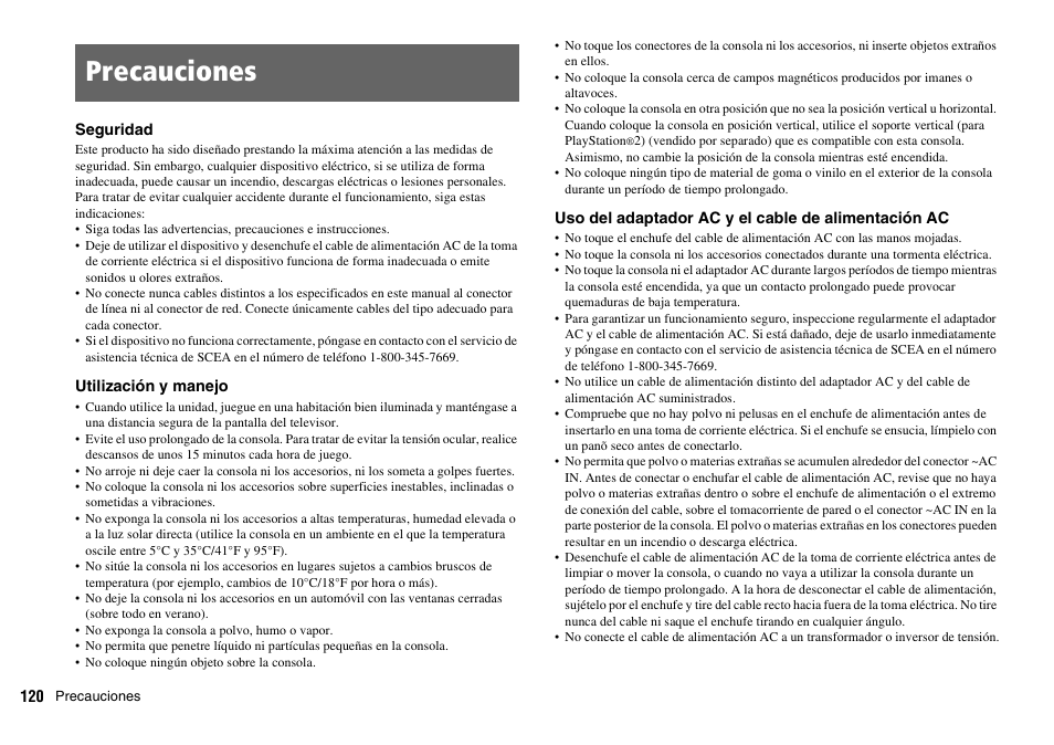 Precauciones | Sony SCPH-70011 User Manual | Page 120 / 172