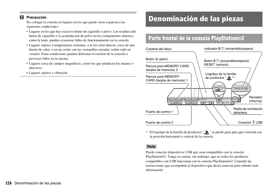 Denominación de las piezas, Parte frontal de la consola playstation | Sony SCPH-70011 User Manual | Page 124 / 172