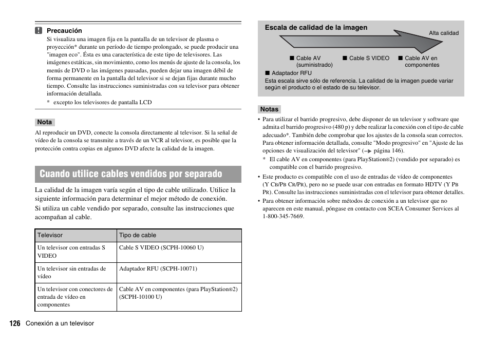 Cuando utilice cables vendidos por separado | Sony SCPH-70011 User Manual | Page 126 / 172