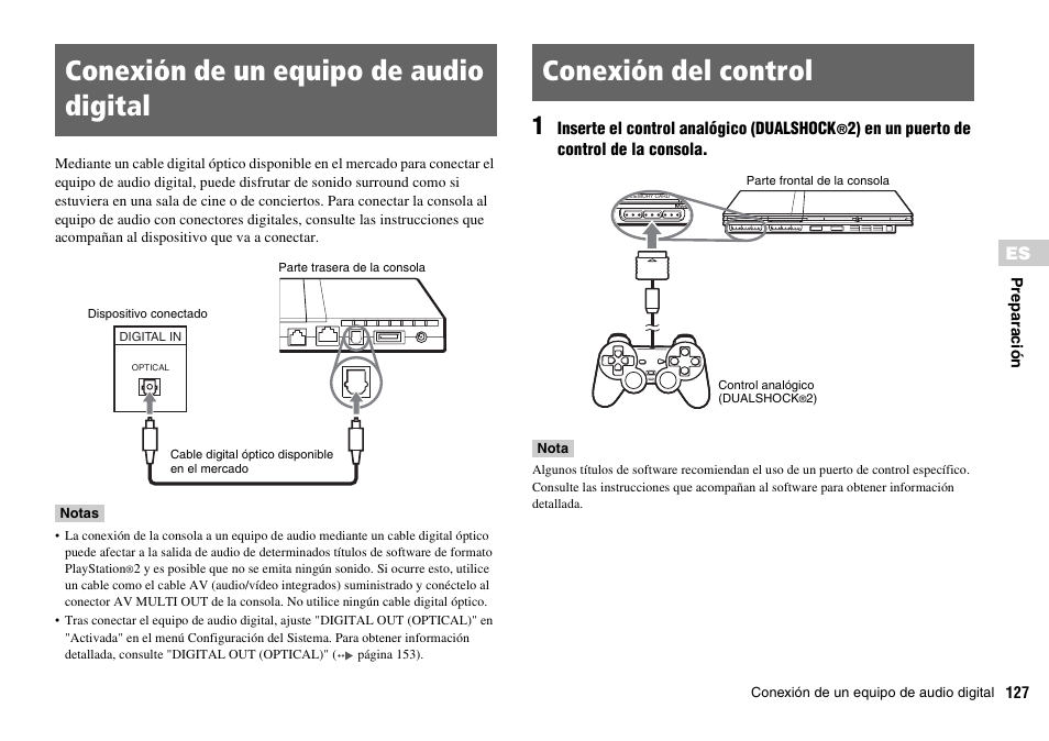 Conexión de un equipo de audio digital, Conexión del control | Sony SCPH-70011 User Manual | Page 127 / 172