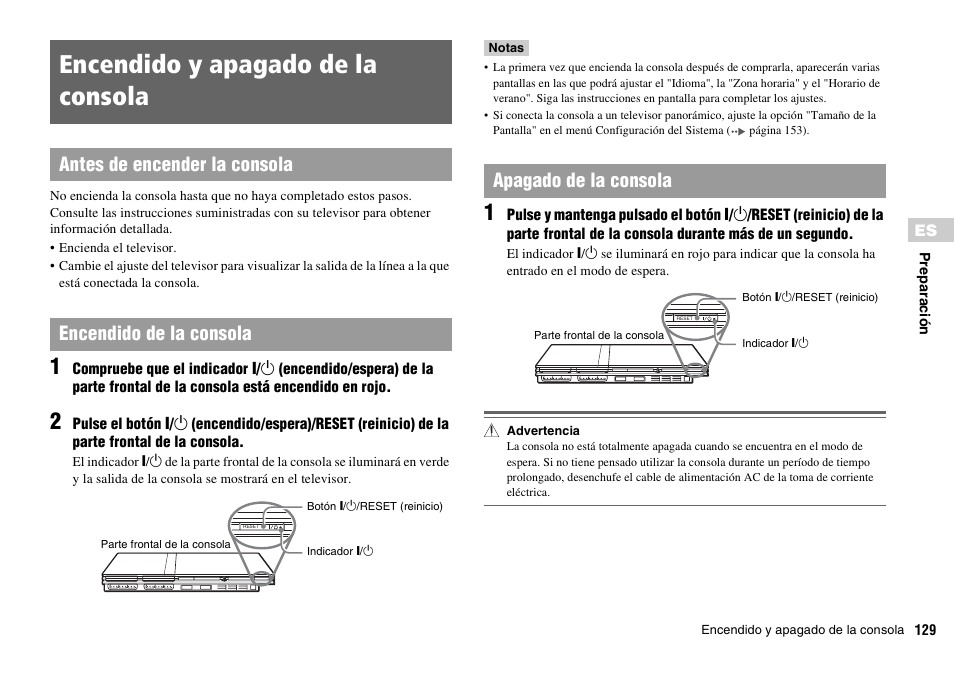 Encendido y apagado de la consola, Apagado de la consola | Sony SCPH-70011 User Manual | Page 129 / 172