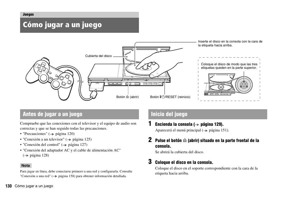 Juegos, Cómo jugar a un juego, Antes de jugar a un juego inicio del juego | Sony SCPH-70011 User Manual | Page 130 / 172