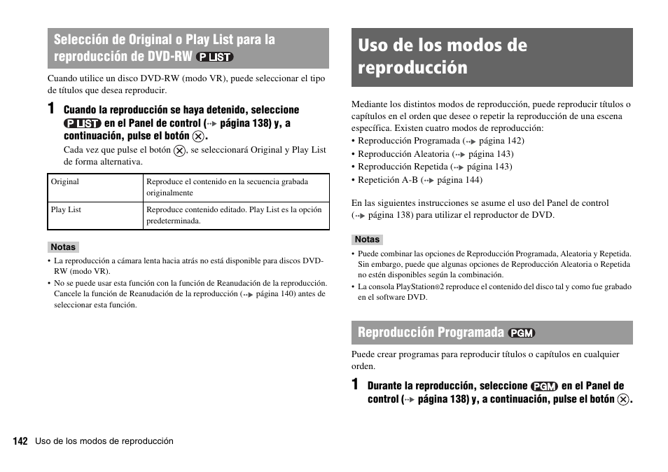 Uso de los modos de reproducción, Reproducción programada | Sony SCPH-70011 User Manual | Page 142 / 172