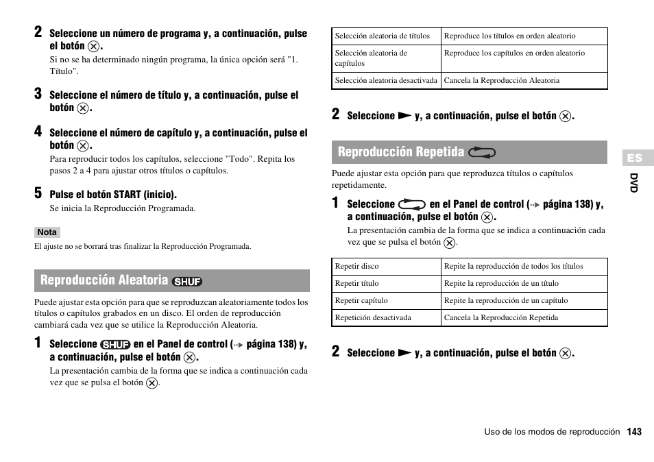 Reproducción aleatoria, Reproducción repetida | Sony SCPH-70011 User Manual | Page 143 / 172