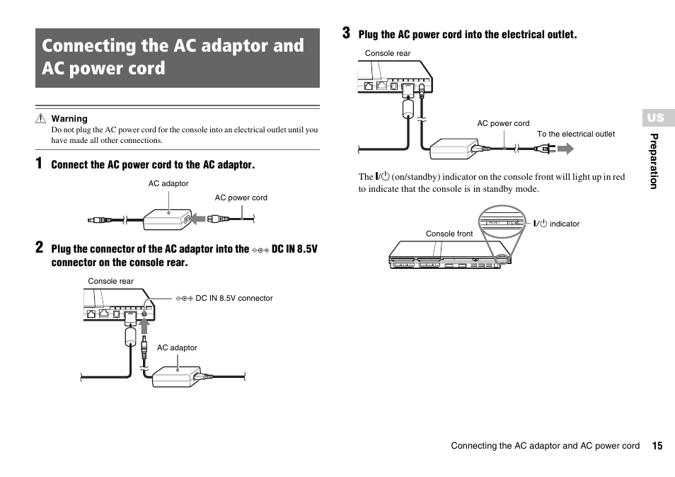 Connecting the ac adaptor and ac power cord | Sony SCPH-70011 User Manual | Page 15 / 172