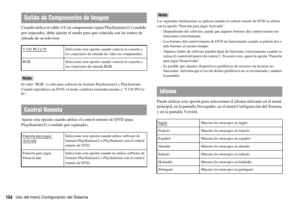 Salida de componentes de imagen, Control remoto, Idioma | Sony SCPH-70011 User Manual | Page 154 / 172