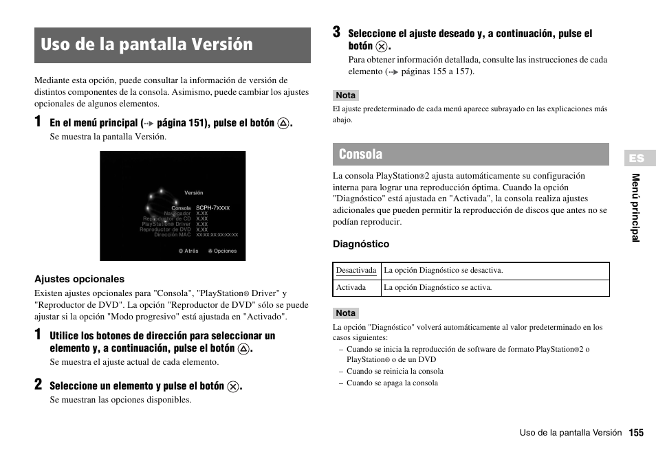 Uso de la pantalla versión, Consola | Sony SCPH-70011 User Manual | Page 155 / 172