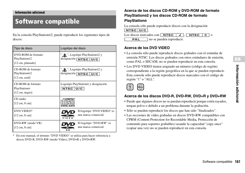 Información adicional, Software compatible | Sony SCPH-70011 User Manual | Page 161 / 172