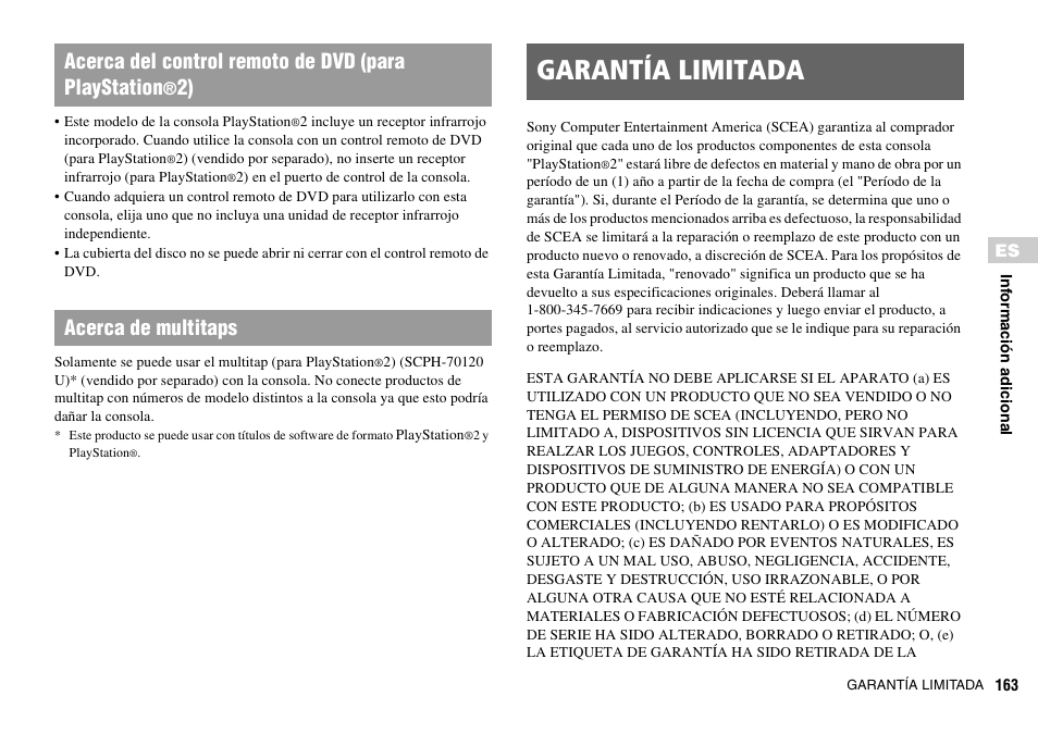 Garantía limitada, Acerca del control remoto de dvd (para playstation, 2) acerca de multitaps | Sony SCPH-70011 User Manual | Page 163 / 172