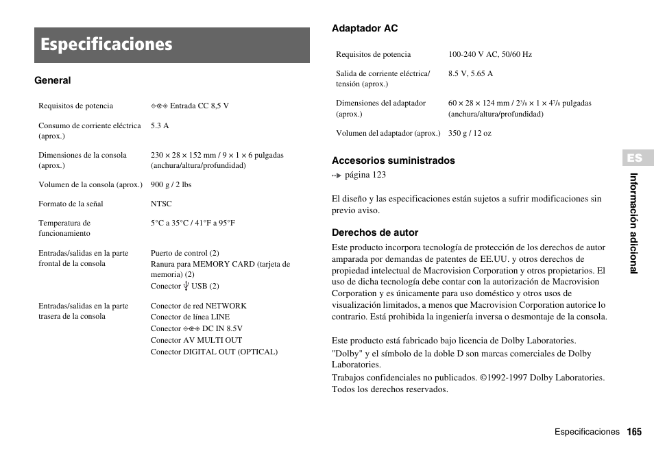 Especificaciones | Sony SCPH-70011 User Manual | Page 165 / 172