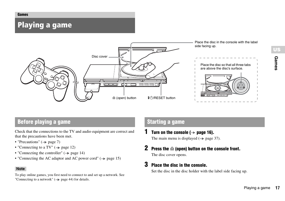 Games, Playing a game, Before playing a game starting a game | Sony SCPH-70011 User Manual | Page 17 / 172