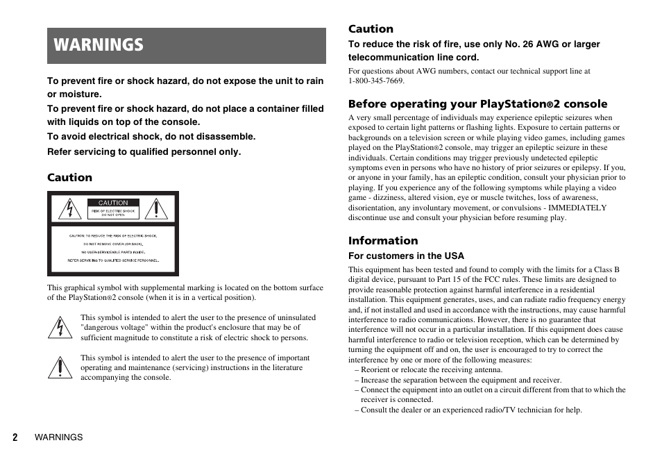 Warnings | Sony SCPH-70011 User Manual | Page 2 / 172