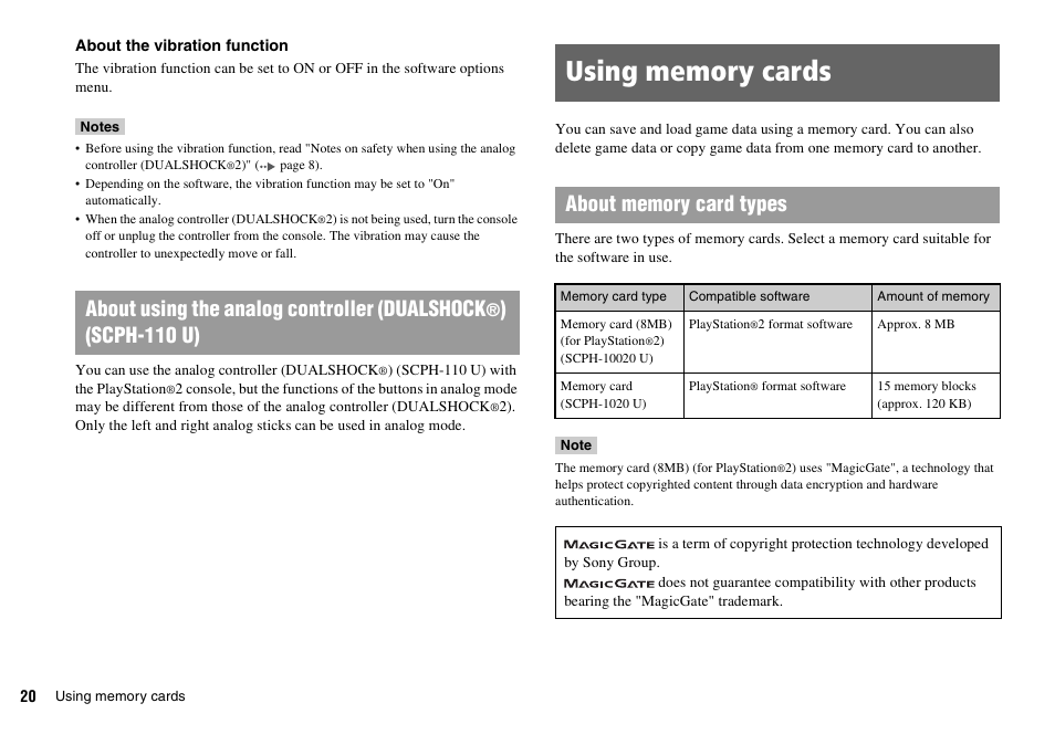 Using memory cards, About using the analog controller (dualshock, Scph-110 u) | Sony SCPH-70011 User Manual | Page 20 / 172