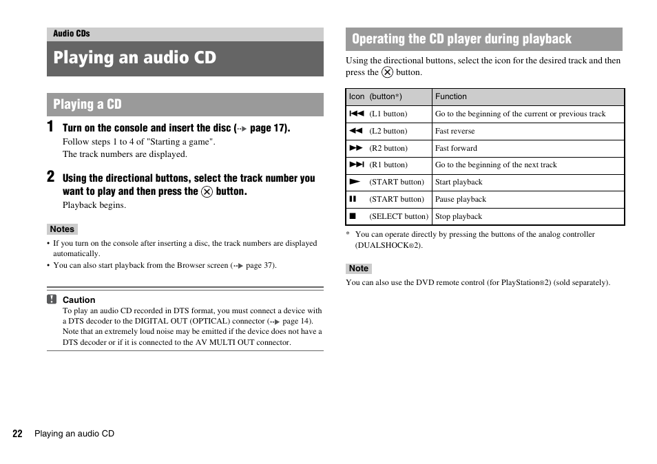 Audio cds, Playing an audio cd | Sony SCPH-70011 User Manual | Page 22 / 172