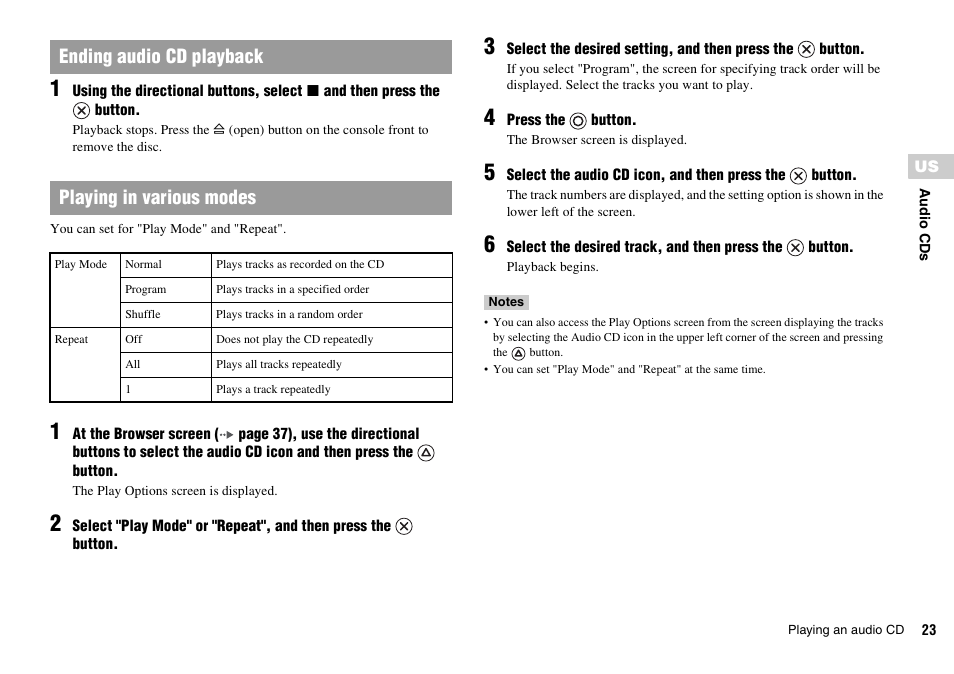 Ending audio cd playback playing in various modes | Sony SCPH-70011 User Manual | Page 23 / 172