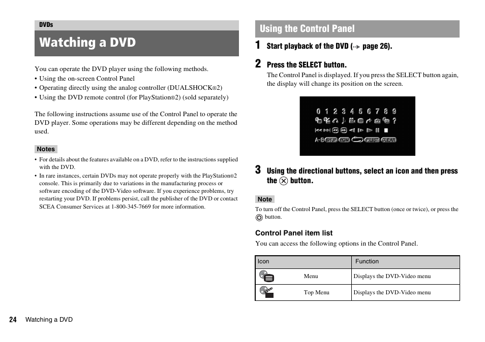 Dvds, Watching a dvd, Using the control panel | Sony SCPH-70011 User Manual | Page 24 / 172