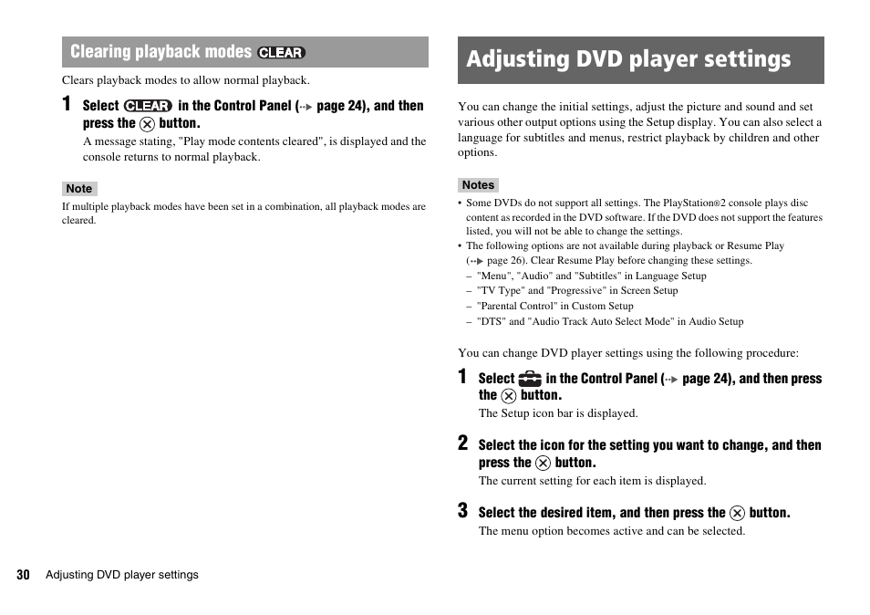 Adjusting dvd player settings, Clearing playback modes | Sony SCPH-70011 User Manual | Page 30 / 172