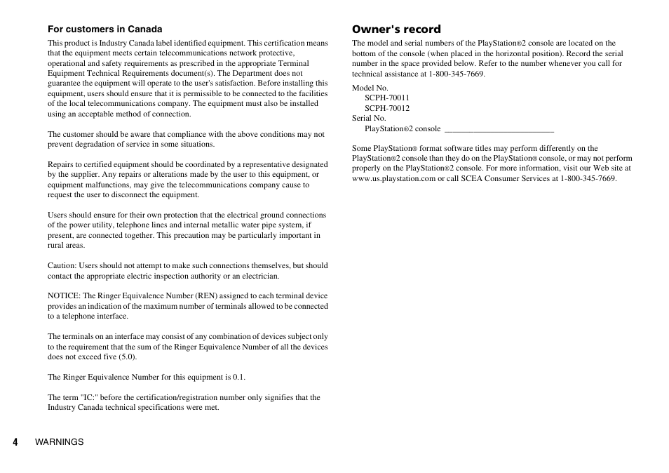 Owner's record | Sony SCPH-70011 User Manual | Page 4 / 172