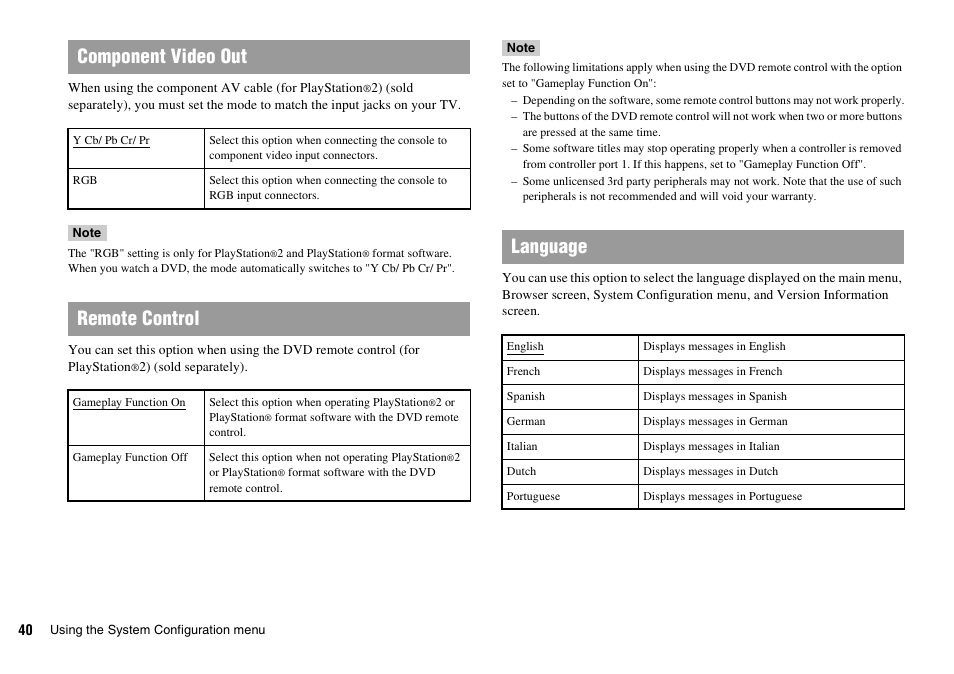 Component video out, Remote control, Language | Sony SCPH-70011 User Manual | Page 40 / 172