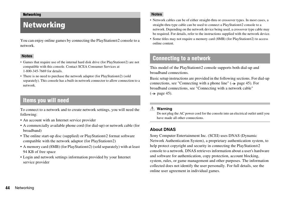 Networking, Items you will need connecting to a network | Sony SCPH-70011 User Manual | Page 44 / 172