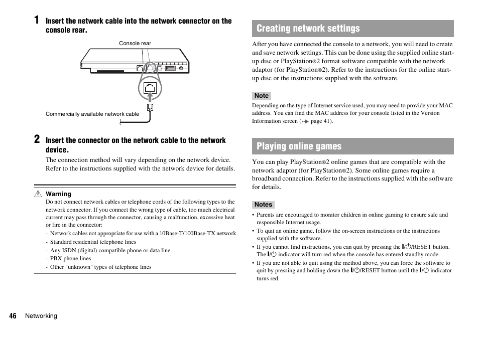 Creating network settings playing online games | Sony SCPH-70011 User Manual | Page 46 / 172