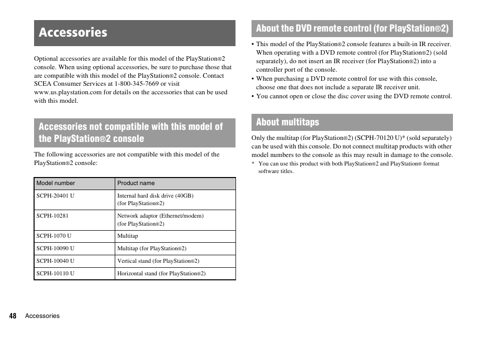 Accessories, 2 console, About the dvd remote control (for playstation | 2) about multitaps | Sony SCPH-70011 User Manual | Page 48 / 172