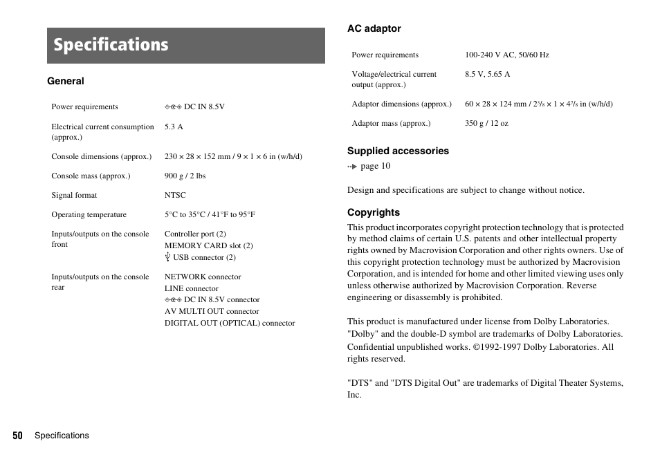 Specifications | Sony SCPH-70011 User Manual | Page 50 / 172