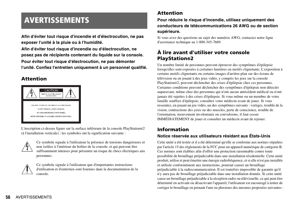 Avertissements | Sony SCPH-70011 User Manual | Page 56 / 172