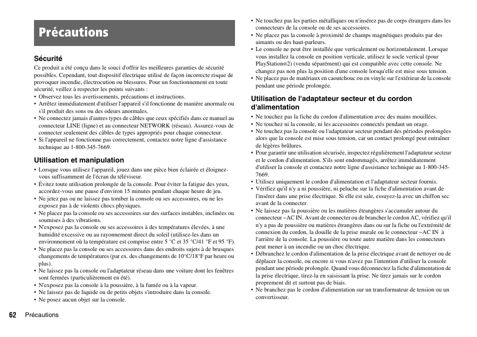 Précautions | Sony SCPH-70011 User Manual | Page 62 / 172